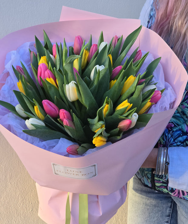 50 Tulips Bouquet White Pink Yellow