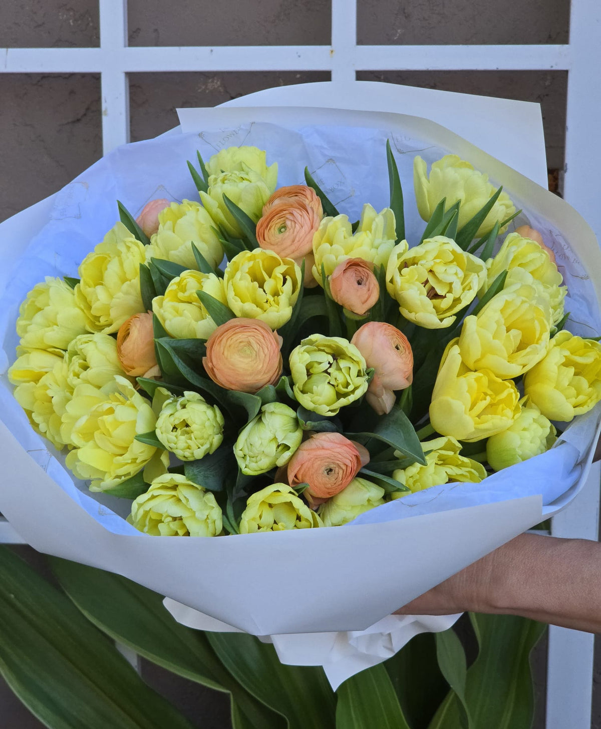 Double Peony Tulips with delicate Peach Ranunculus, elegantly arranged in a bouquet with lush green foliage.