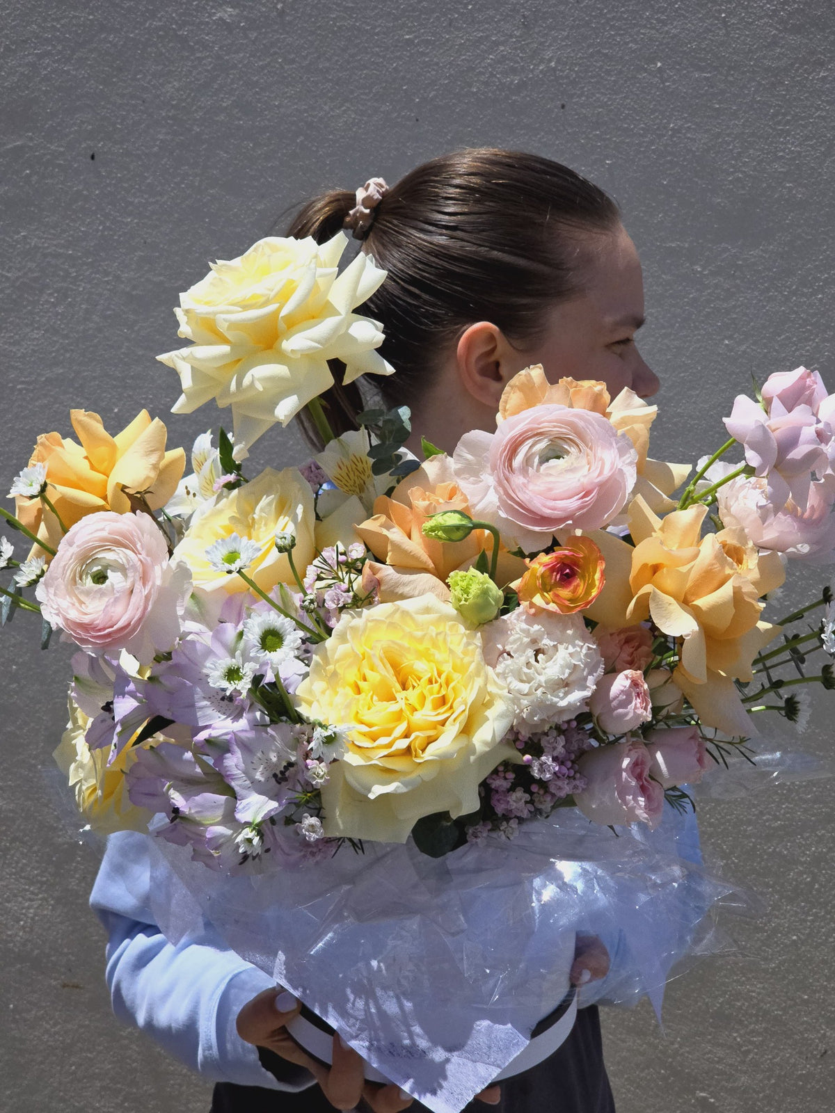 Fairy Dream Flower Box featuring peach roses, delicate lisianthus, garden roses, and spray roses in an elegant white box