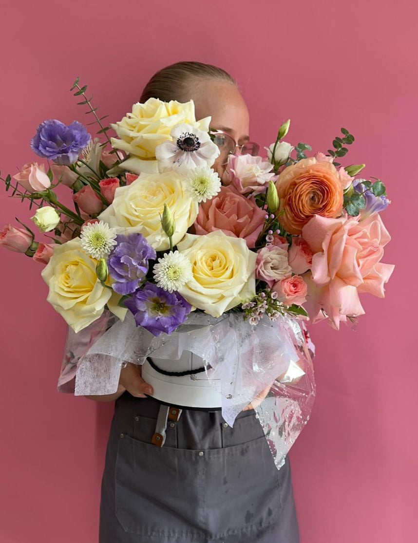 Fairy Dream Flower Box featuring peach roses, delicate lisianthus, garden roses, and spray roses in an elegant white box