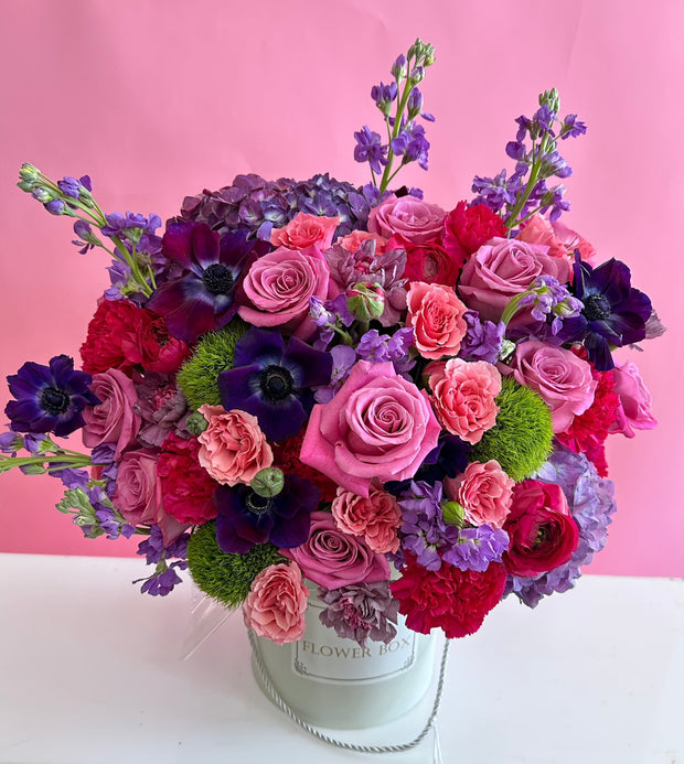 "Pink and Purple Lover's"  flowers in a hat box