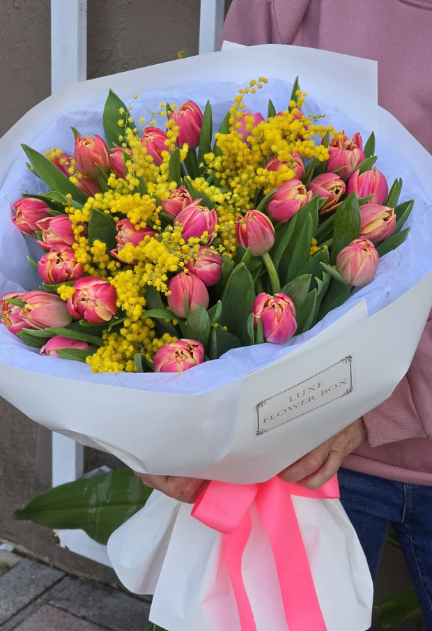 Mimosa and Peony Double Tulips Bouquet