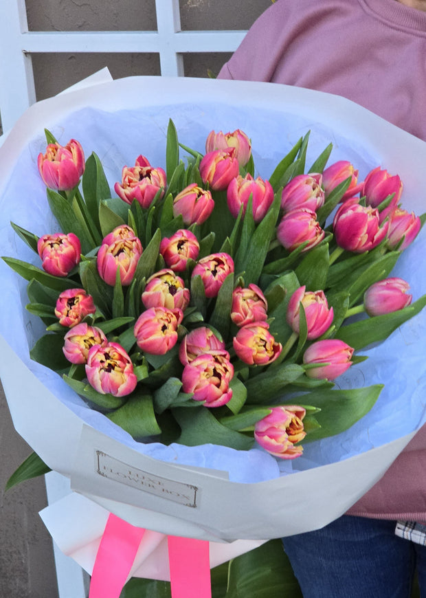 Pink peony and double tulips in full bloom, showcasing delicate, layered petals with a soft, romantic appearance.