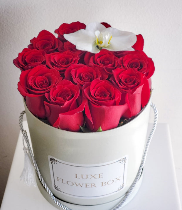 Elegant rose box arrangement featuring lush red roses and delicate orchids, titled "Thinking of You" Rose Box—a perfect expression of love and admiration.