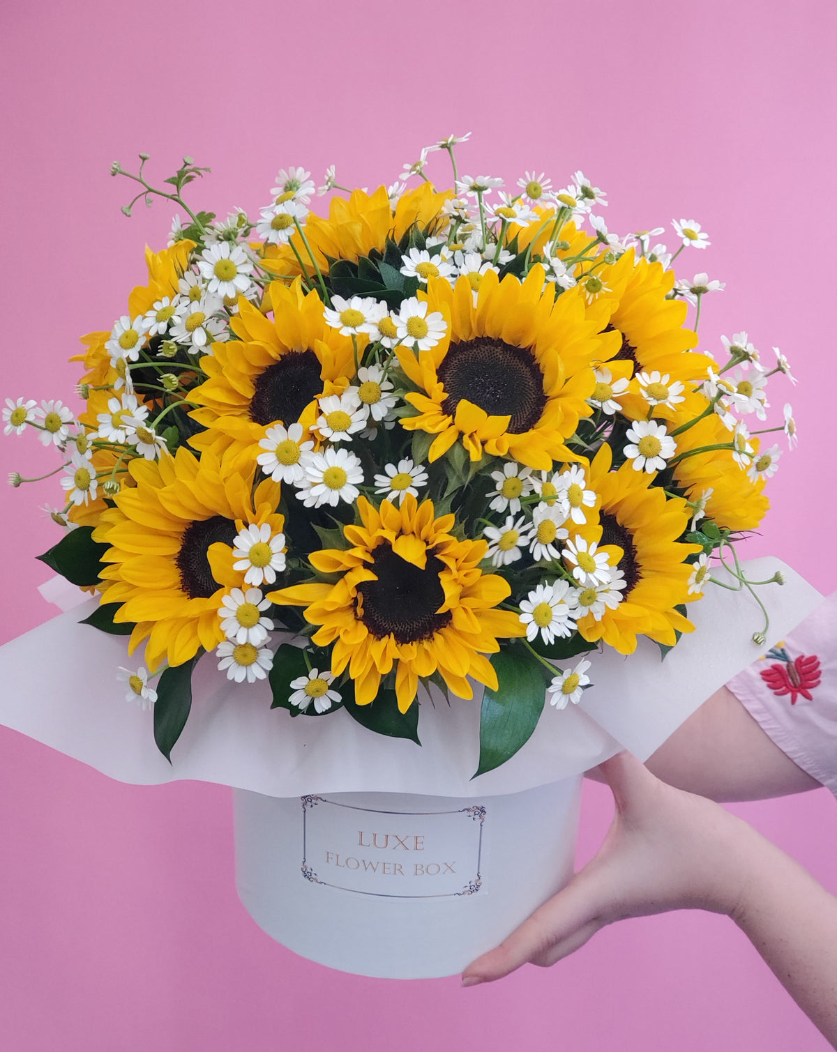 Sunflowers with Camomile in Hat Box