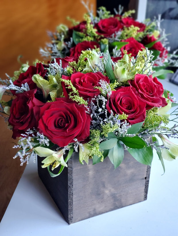 Wooden Box Centerpiece Red Roses, Alstromeria