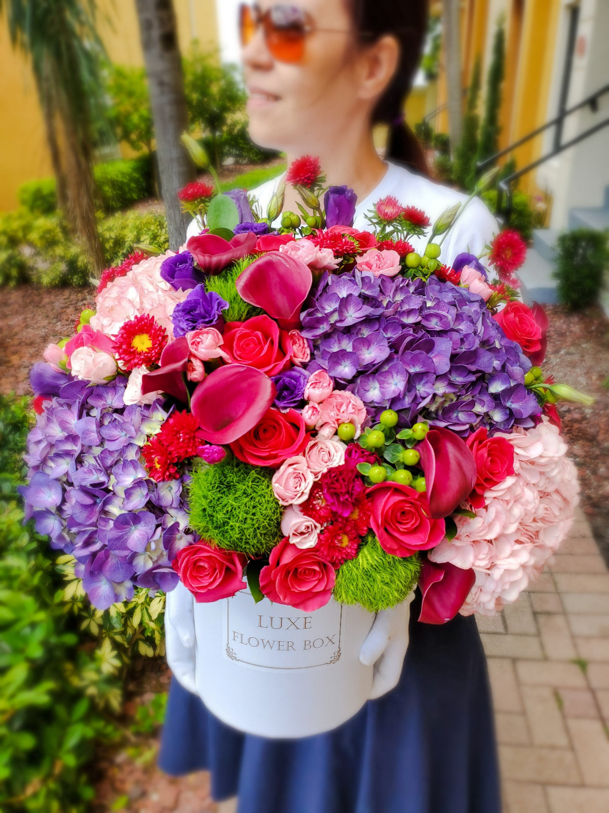 "Pink and Purple Lover's"  flowers in a hat box