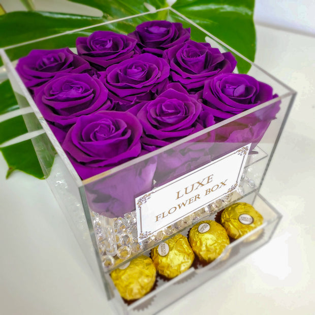 PURPLE ROSES IN ACRYLIC BOX  - LAST OVER ONE YEAR