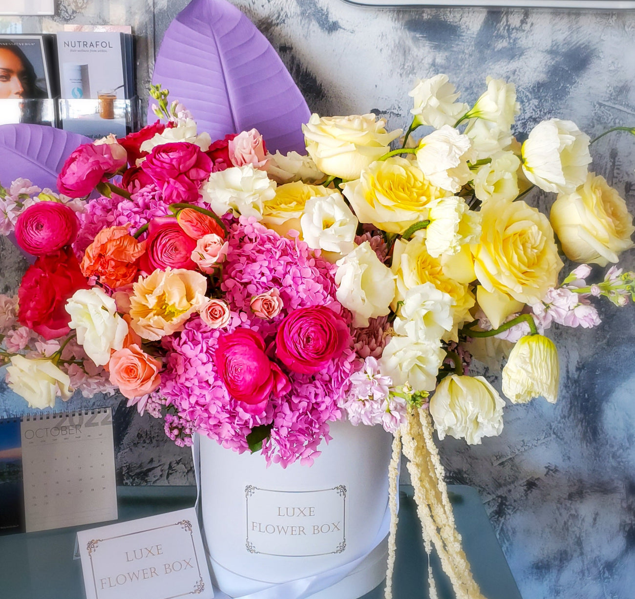 "Gorgeous " -Preserved Hydrangea -Fresh poppy, Ranunculus, Lisianthus, Garden Roses