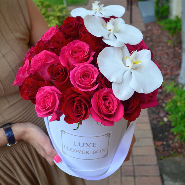 Roses in a Box with Three Phalaenopsis Orchids Luxe Flower Box