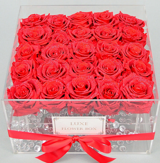 "Diamond Dust" Sparkle Preserved Roses in Acrylic Box Last Over One Year!