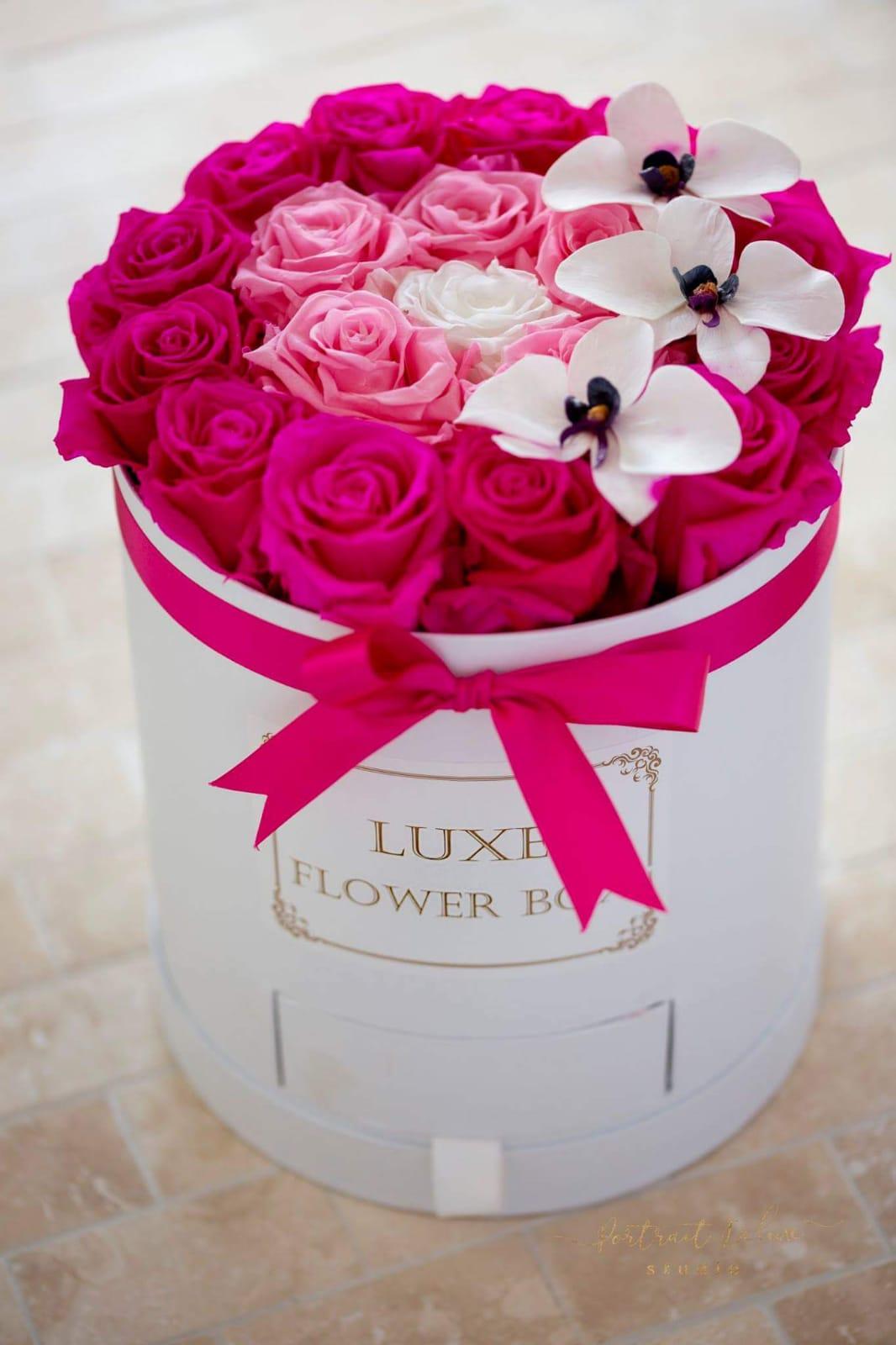 Large Round Box with Drawer-Trio Pink Colors with  White Orchids- Last more than 1 year